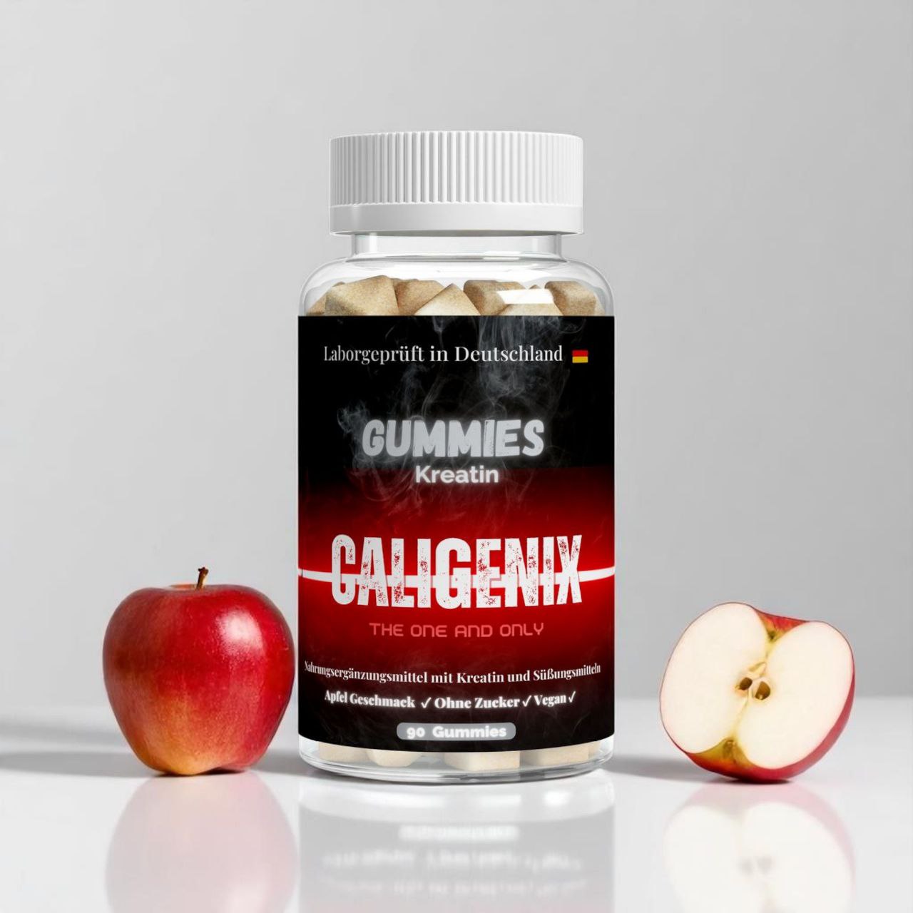 vegane Caligenix Kreatin Gummies Apfel Dose 90 Stk – Frontansicht

