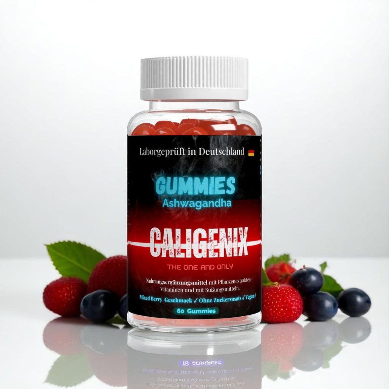 vegane Caligenix  Ashwagandha-Gummies Produktbild mit Etikett von vorne 