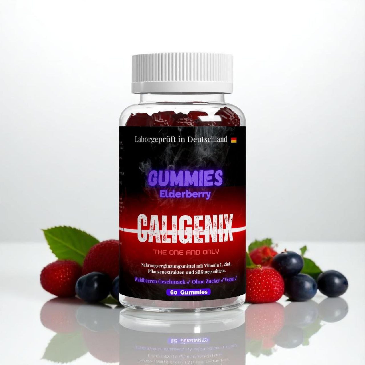 vegane Caligenix Elderberry Gummies Frontalansicht