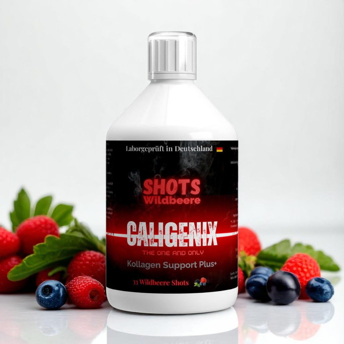 caligenix Kollagen Support PLUS+ Shots - Wild Berry - 500ml Rind Weidehaltung frontalansicht